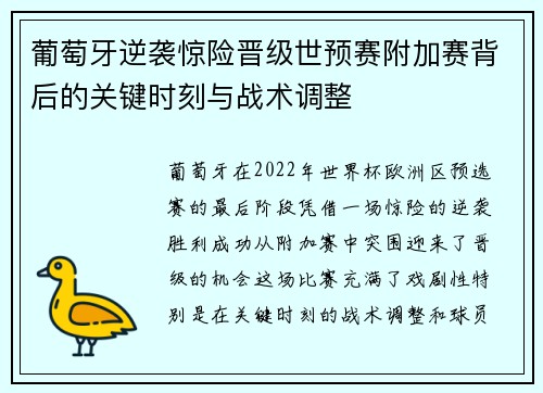 葡萄牙逆袭惊险晋级世预赛附加赛背后的关键时刻与战术调整